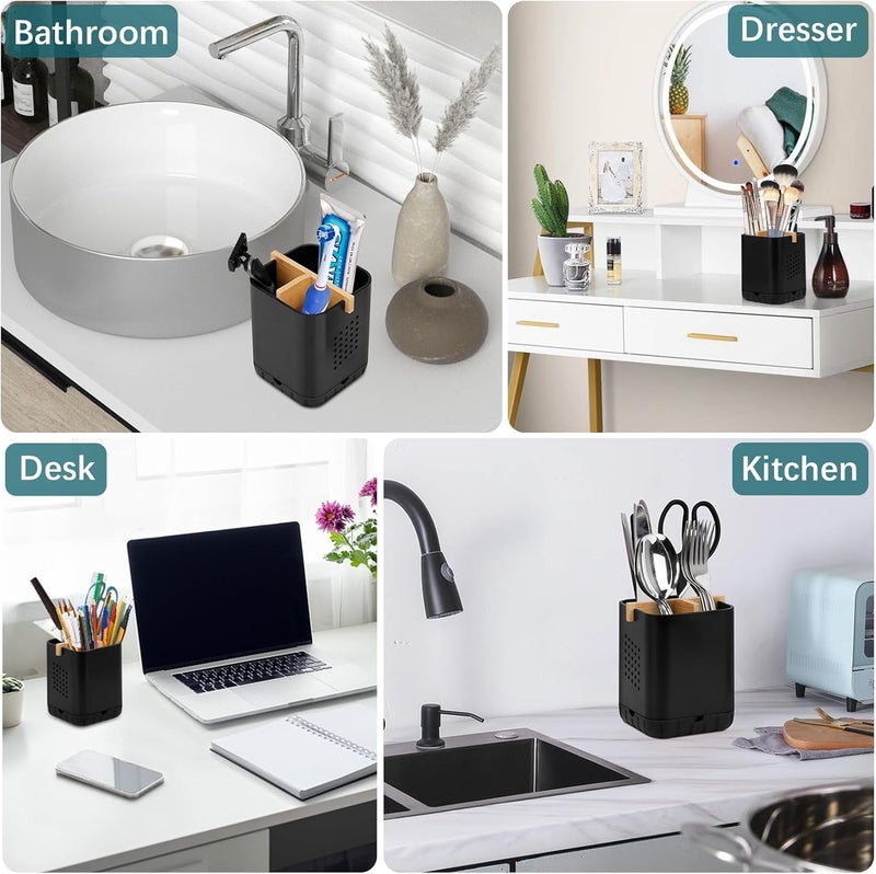 Boperzi Black Toothbrush Holders for Bathroom, Electric Toothbrush Holder with Bamboo Divider, Detachable Anti-Slip Toothbrush and Razor Holder Drainage for Shower, Toothbrush Organizer and Storage - Image 5